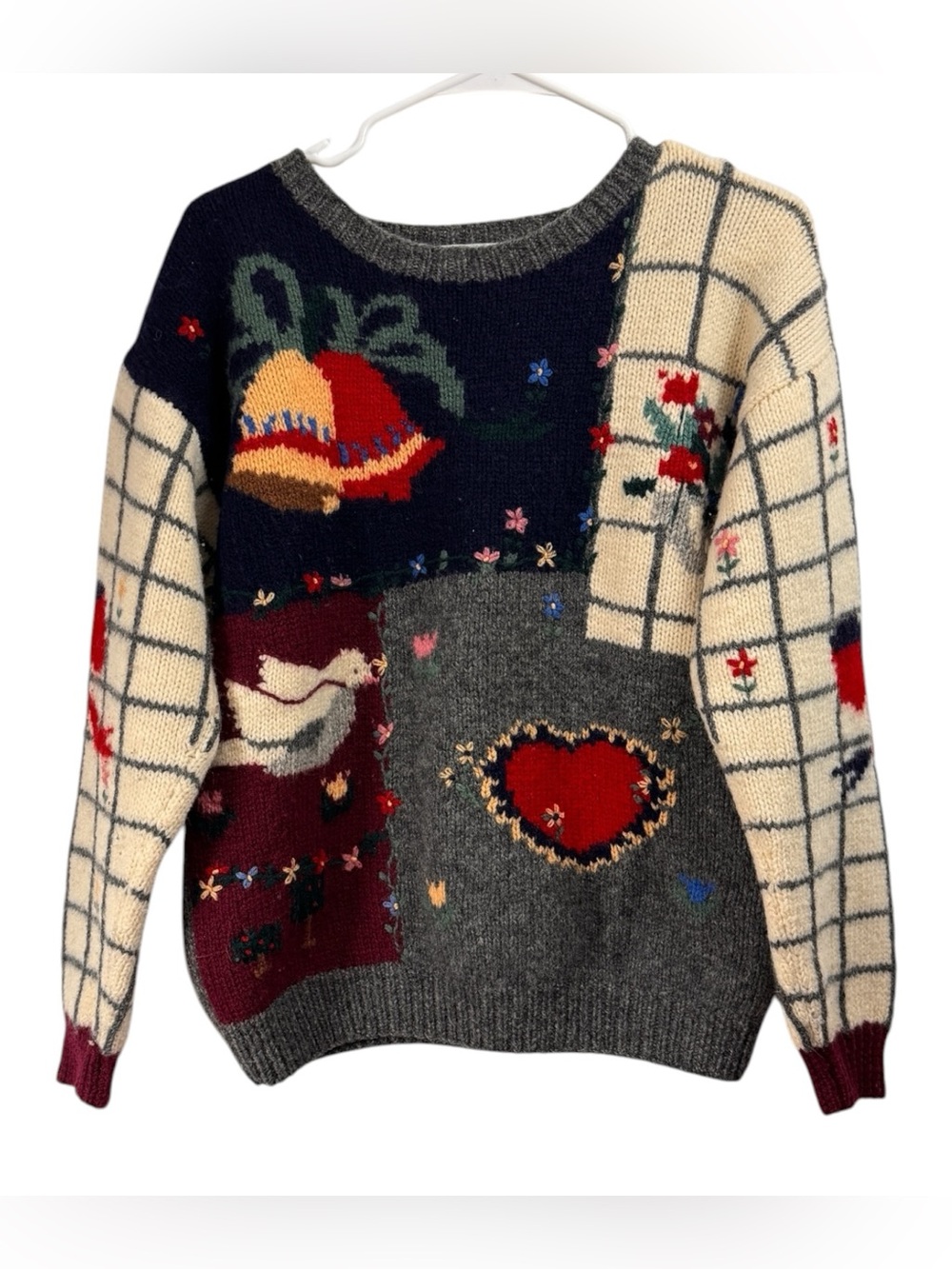 Vintage Deans of Scotland Size Small Holiday 100% Wool Sweater Patchwork Bird